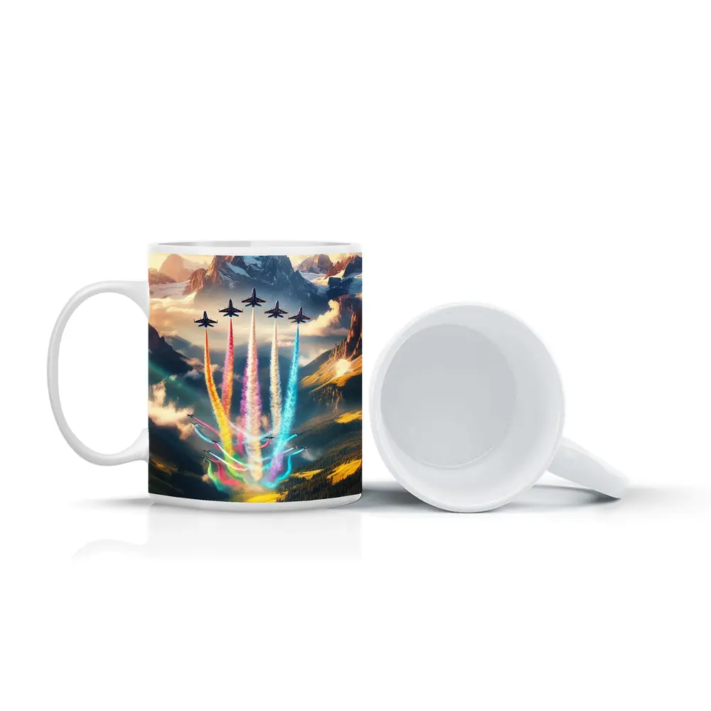 Fighter Jets Colorful Smoke Alpine Mountains – Mugs