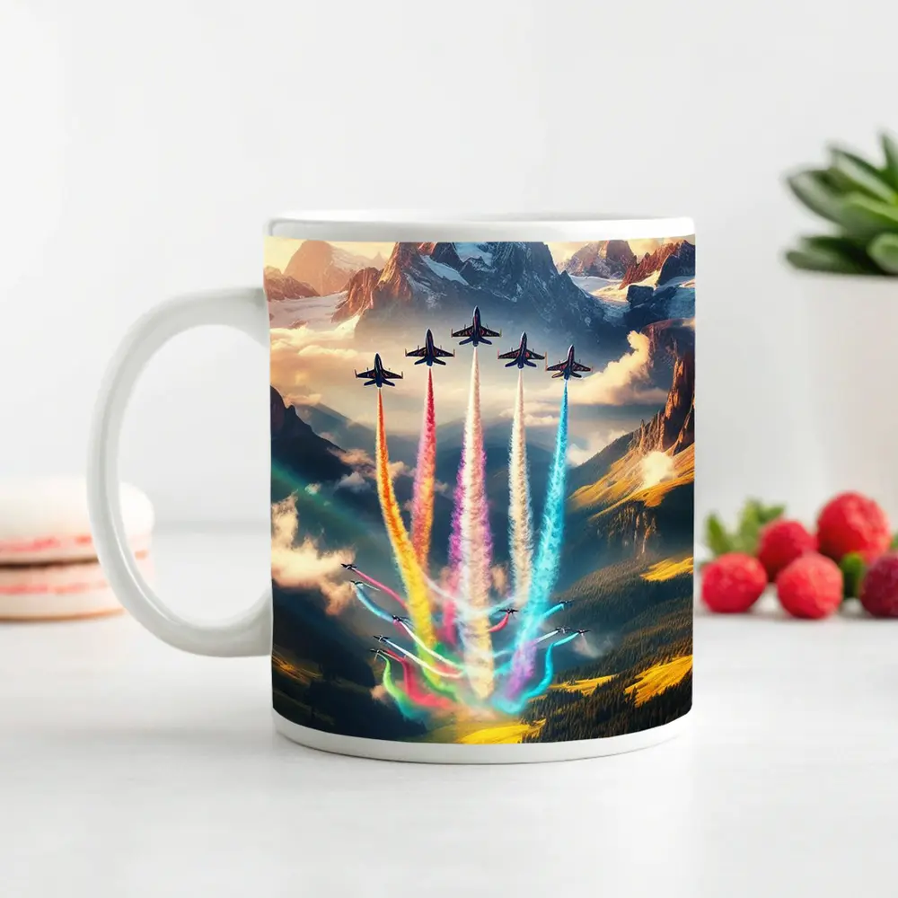Fighter Jets Colorful Smoke Alpine Mountains – Mugs