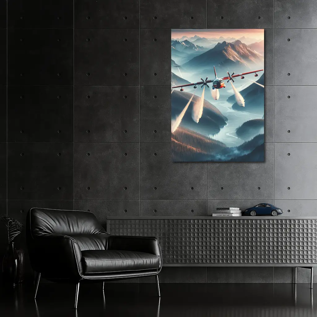 Fire Tanker Plane Flying Over Mountain Valley – Wall Art