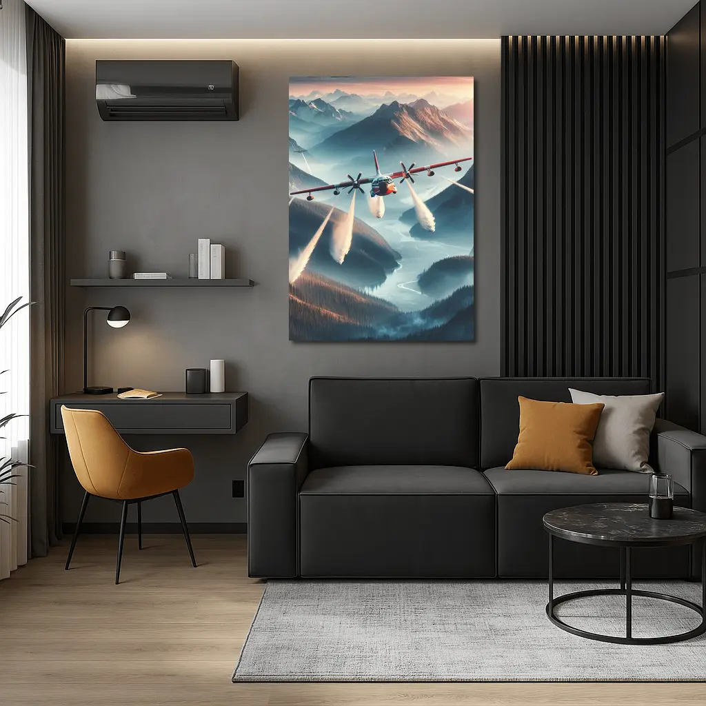 Fire Tanker Plane Flying Over Mountain Valley – Wall Art