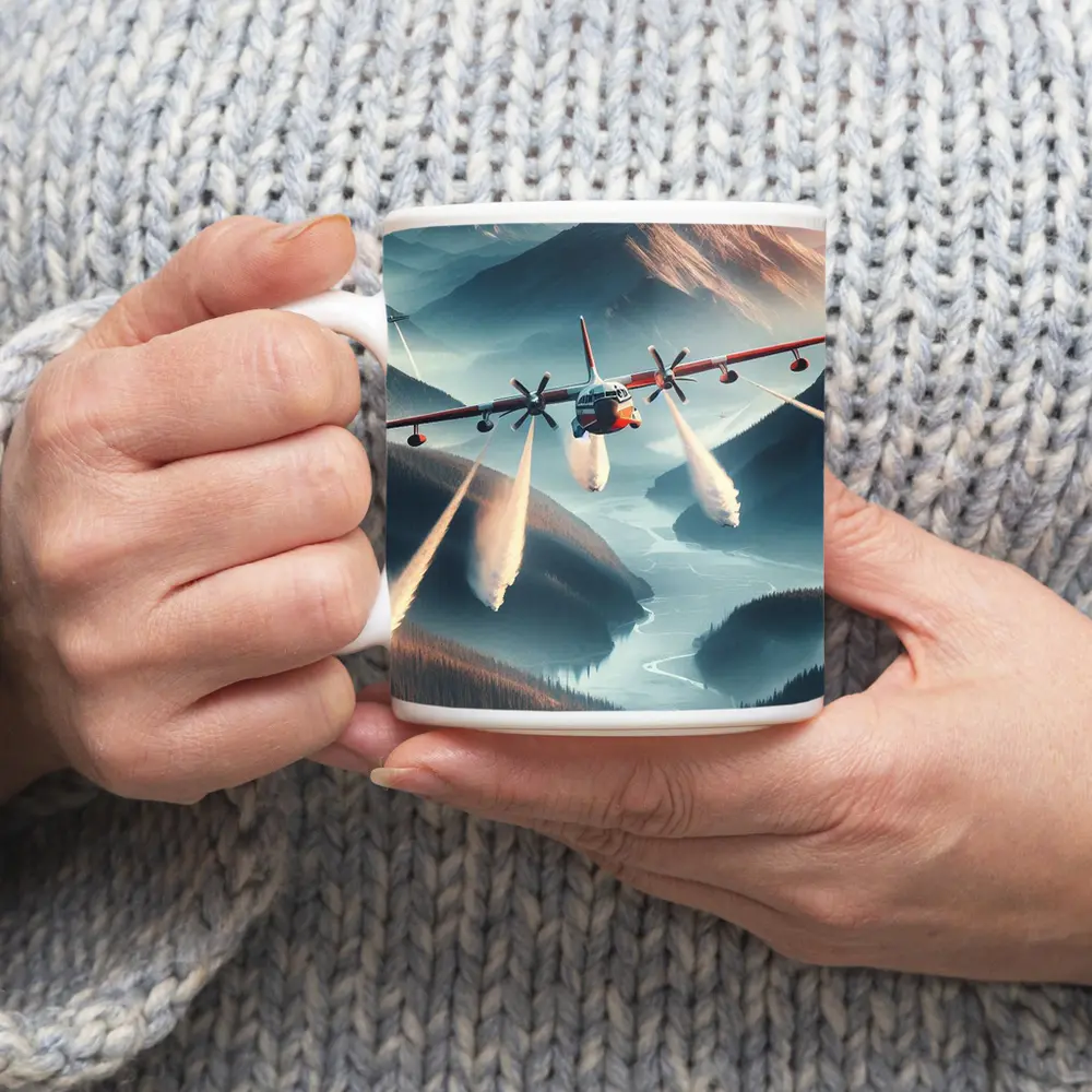 Fire Tanker Plane Flying Over Mountain Valley – Mugs