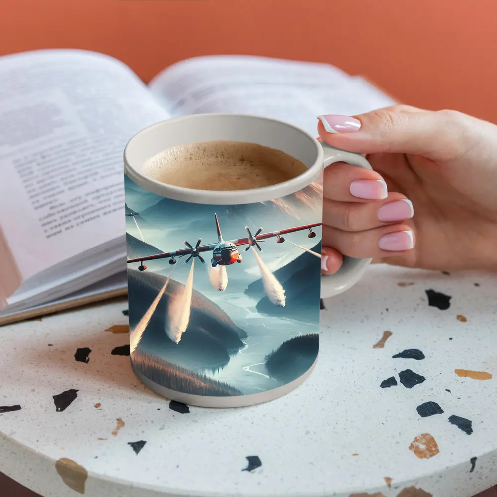 Fire Tanker Plane Flying Over Mountain Valley – Mugs