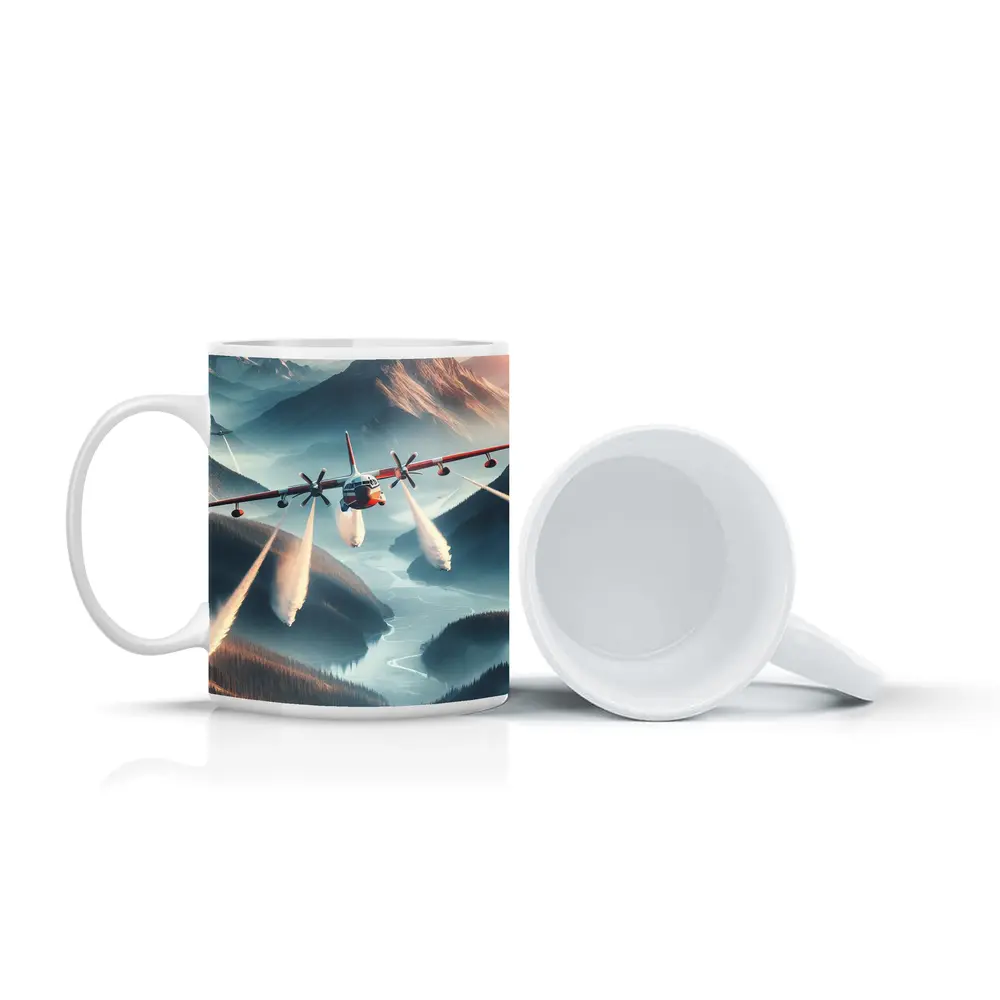 Fire Tanker Plane Flying Over Mountain Valley – Mugs