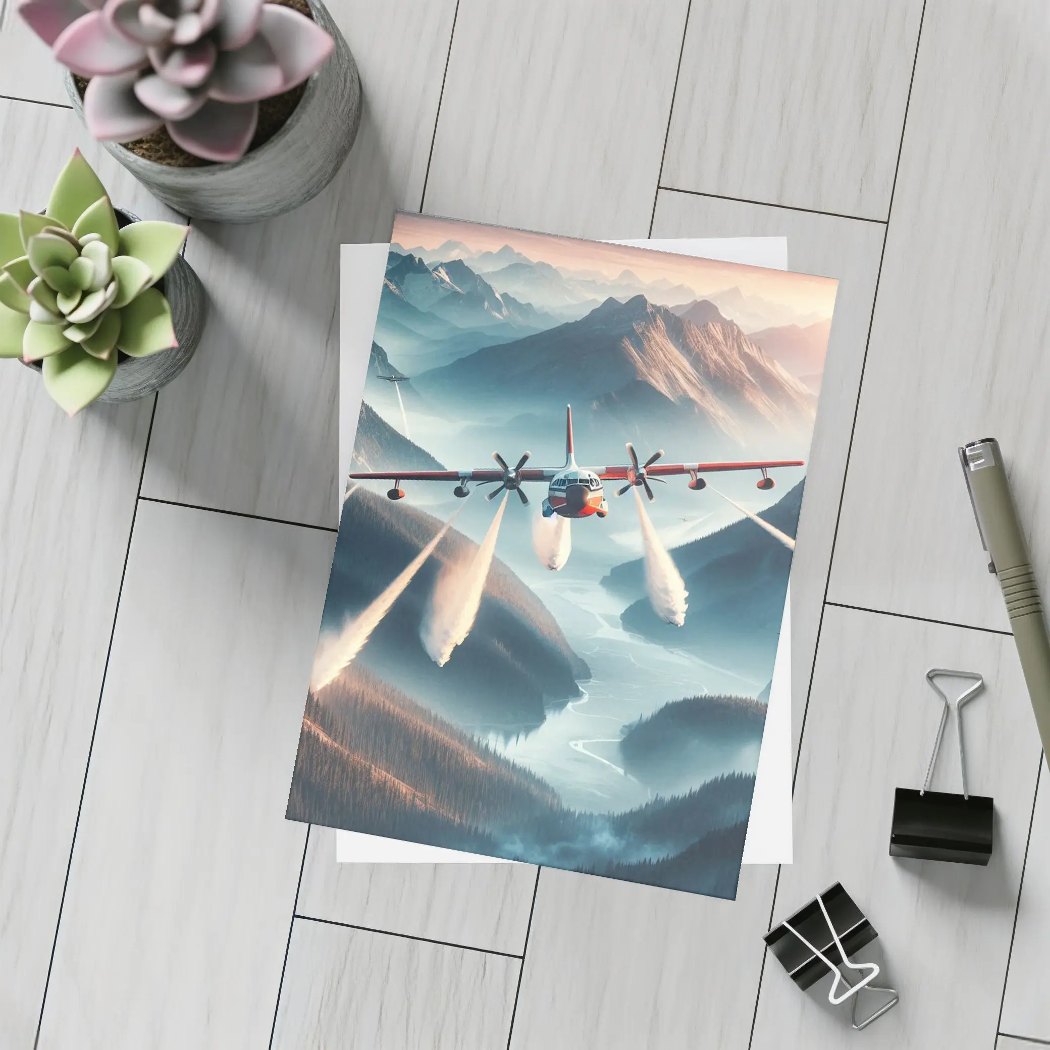 Fire Tanker Plane Flying Over Mountain Valley – Postcards