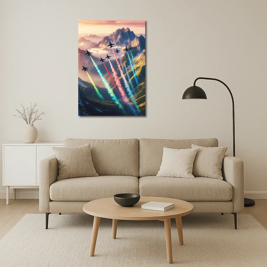 Fighter Jets Colorful Smoke Trails Mountain Sunset – Wall Art