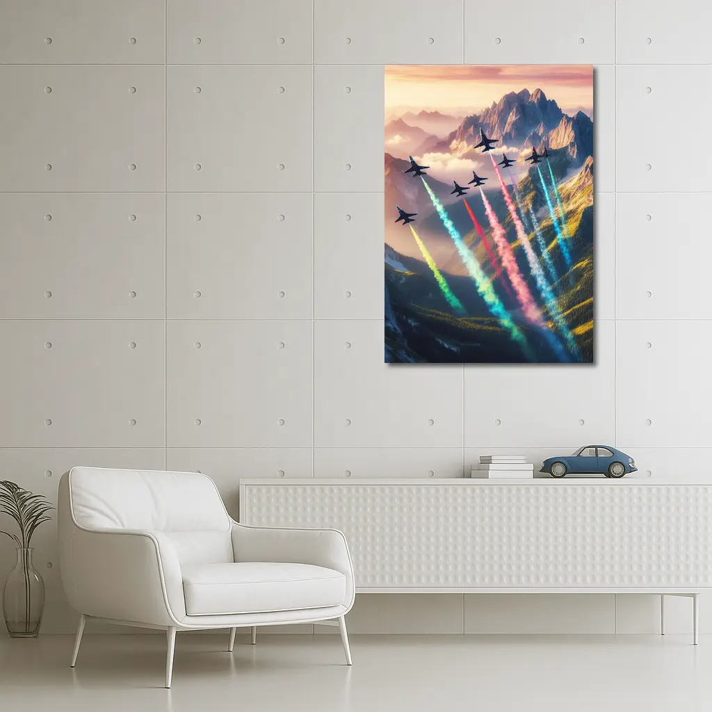 Fighter Jets Colorful Smoke Trails Mountain Sunset – Wall Art