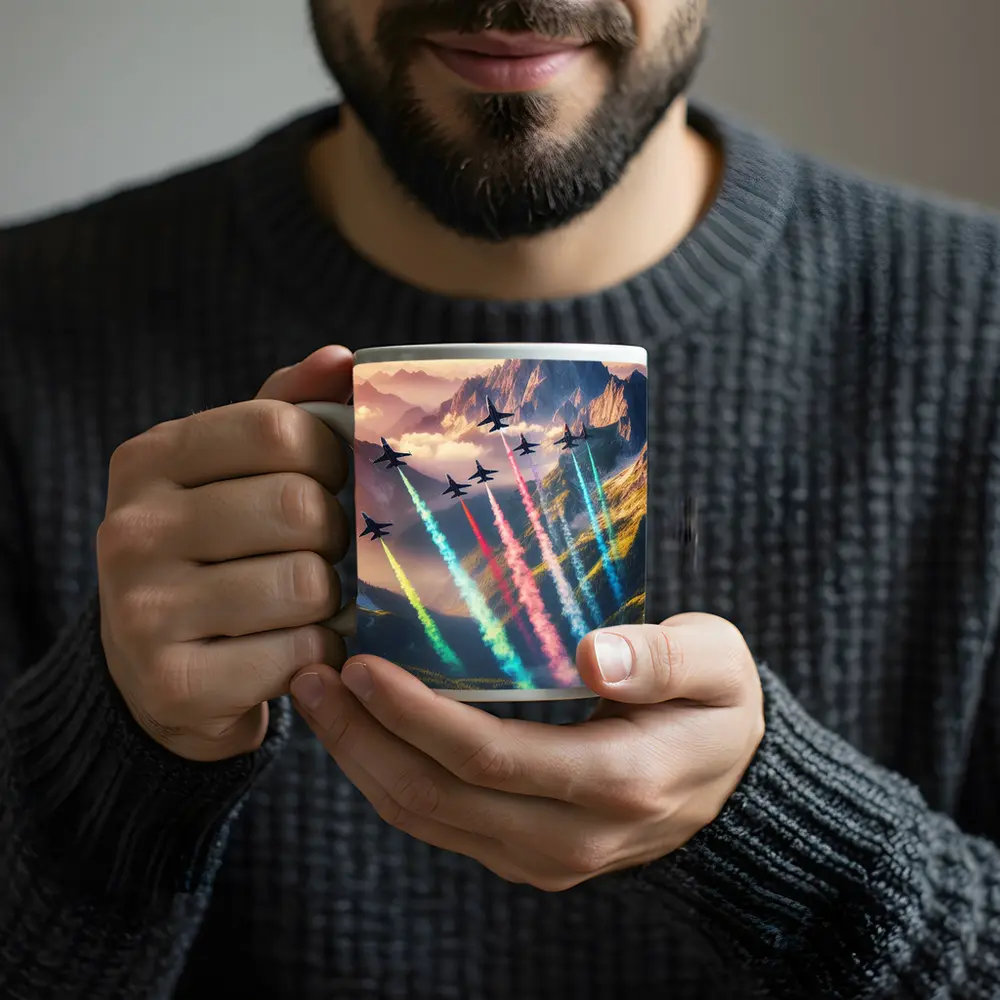 Fighter Jets Colorful Smoke Trails Mountain Sunset – Mugs