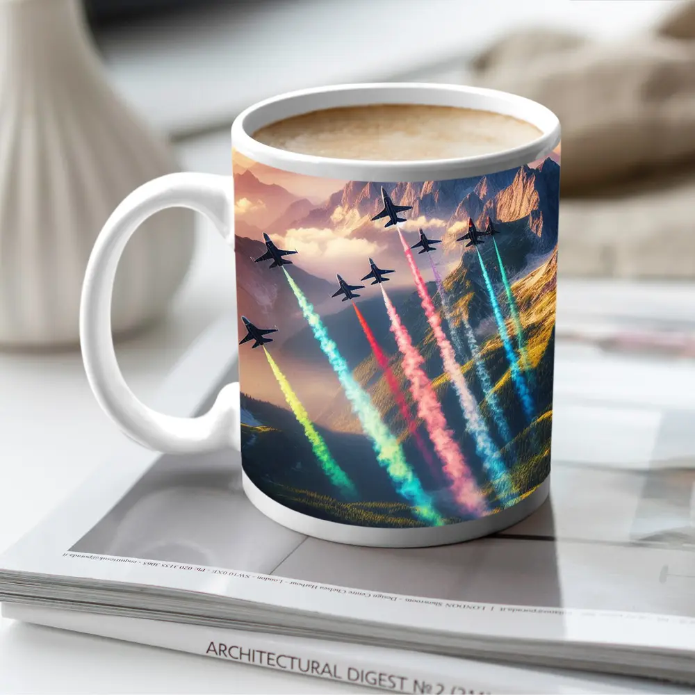 Fighter Jets Colorful Smoke Trails Mountain Sunset – Mugs