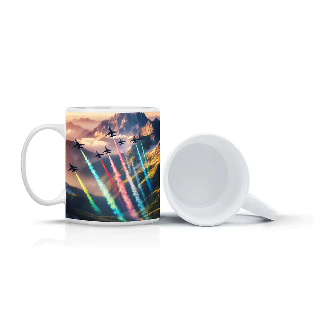 Fighter Jets Colorful Smoke Trails Mountain Sunset – Mugs