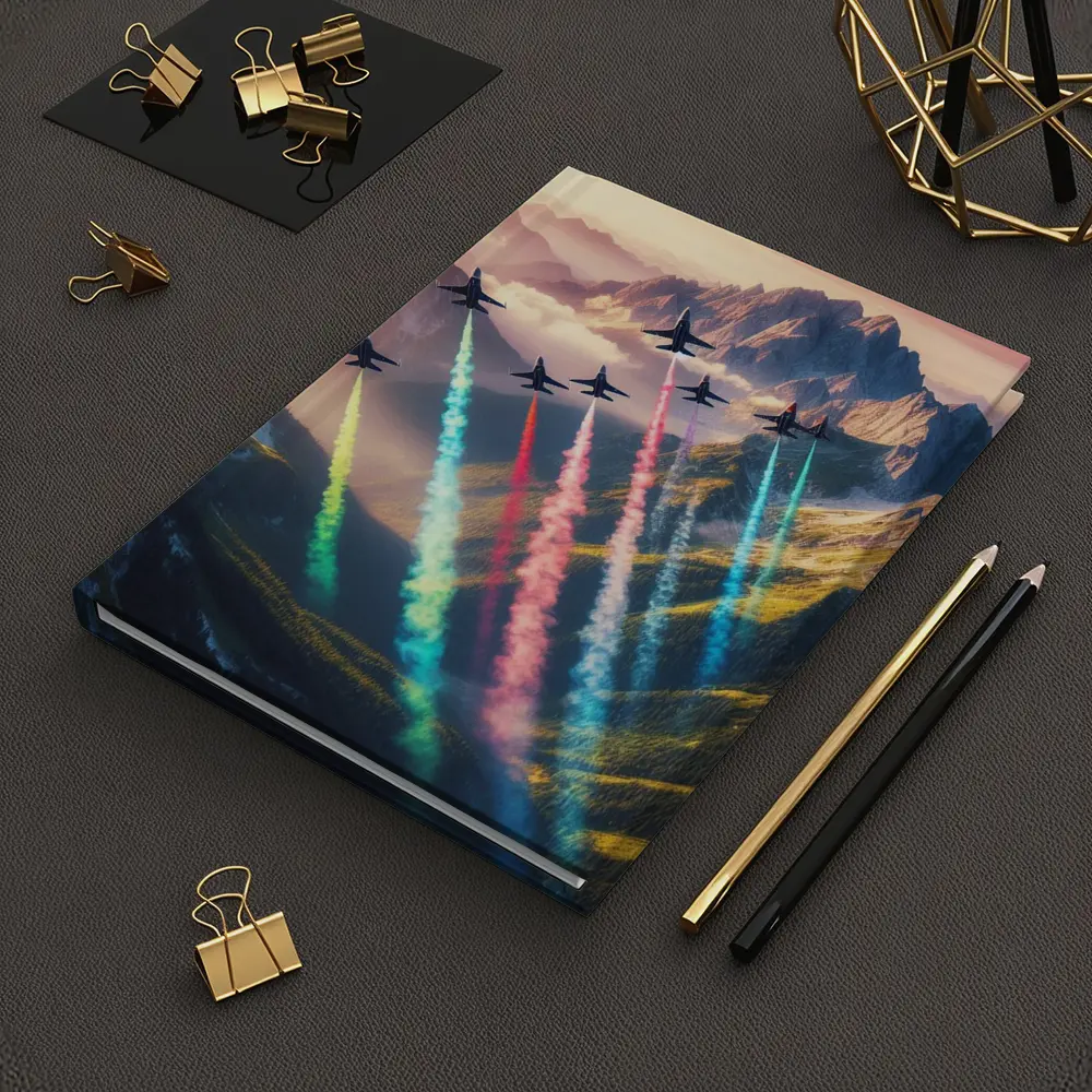 Fighter Jets Colorful Smoke Trails Mountain Sunset – Notebooks