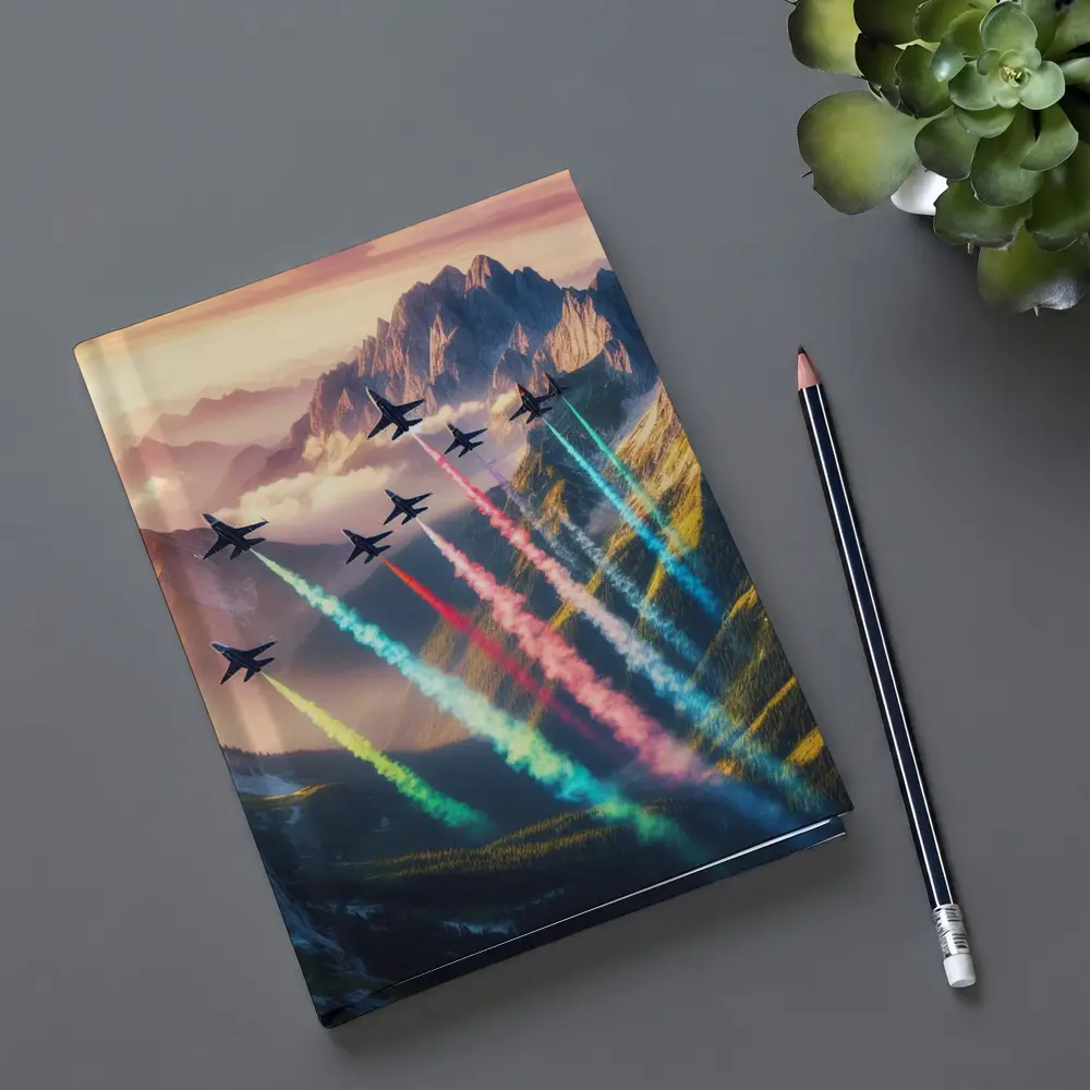 Fighter Jets Colorful Smoke Trails Mountain Sunset – Notebooks