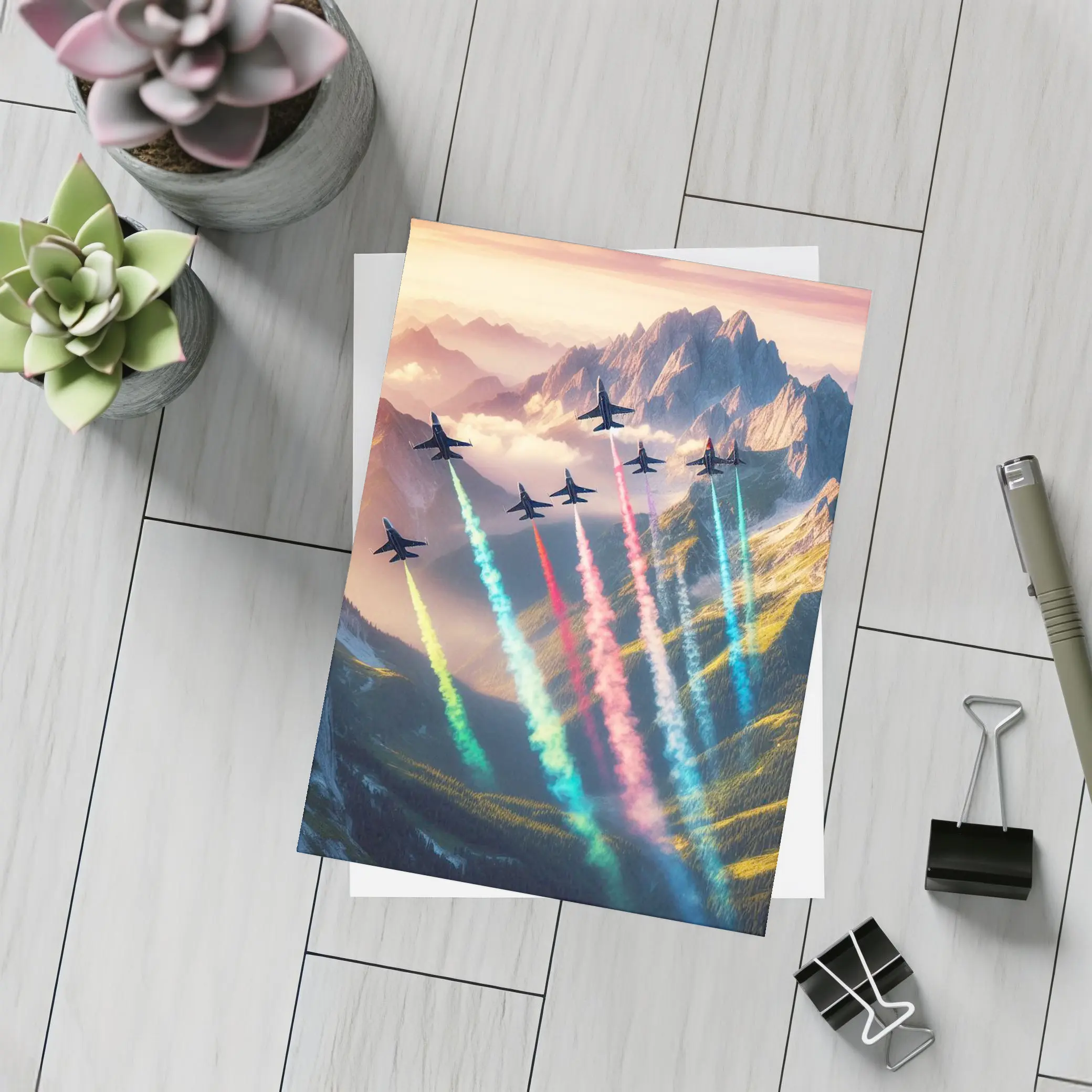 Fighter Jets Colorful Smoke Trails Mountain Sunset – Postcards