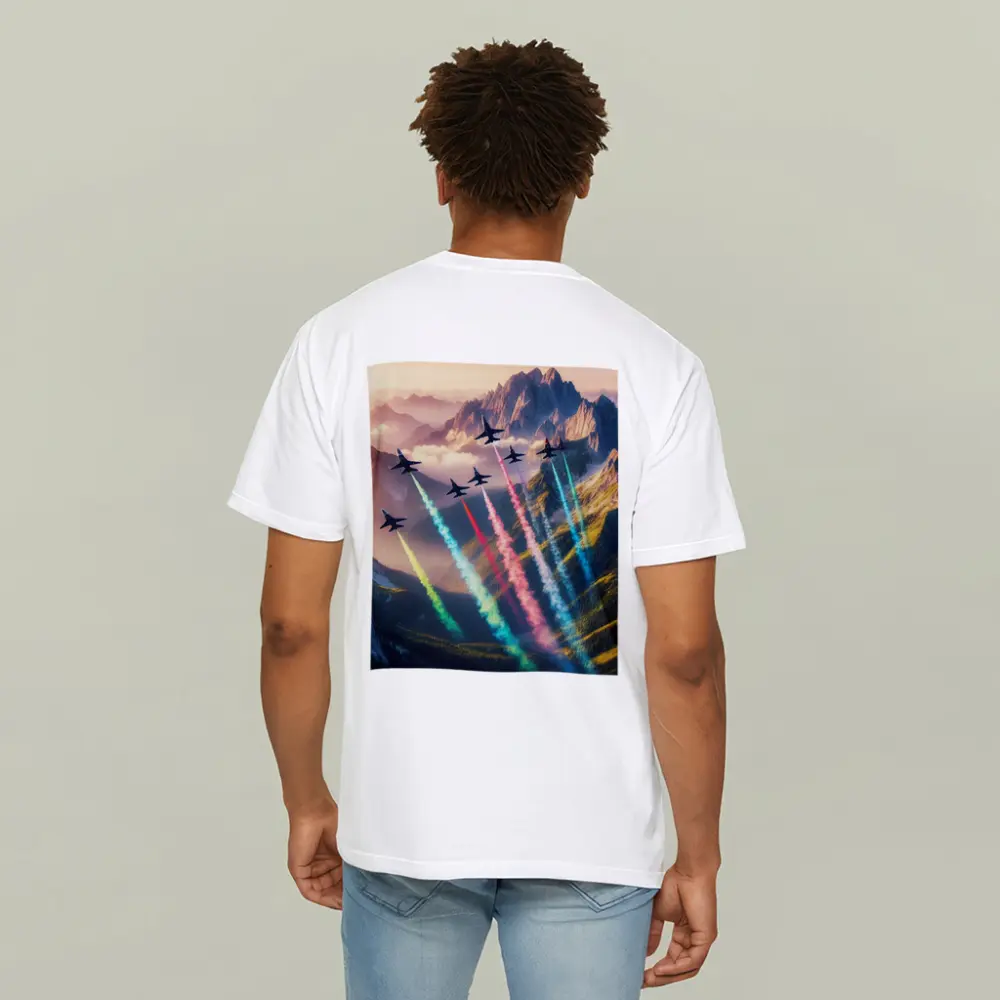 Fighter Jets Colorful Smoke Trails Mountain Sunset – T-Shirts