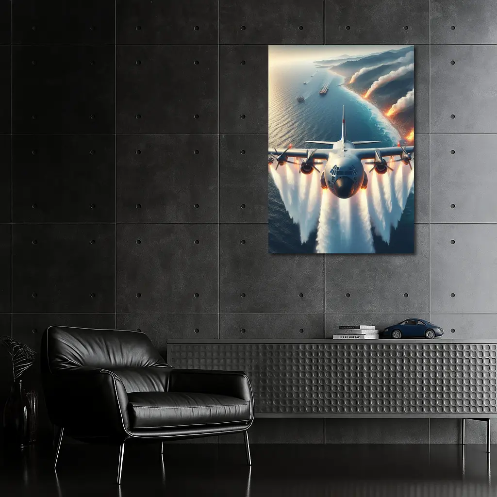 C-130 Hercules Flying Over Coastal Fires – Wall Art