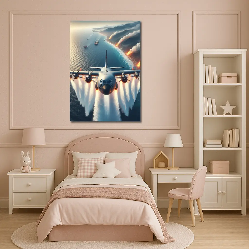 C-130 Hercules Flying Over Coastal Fires – Wall Art