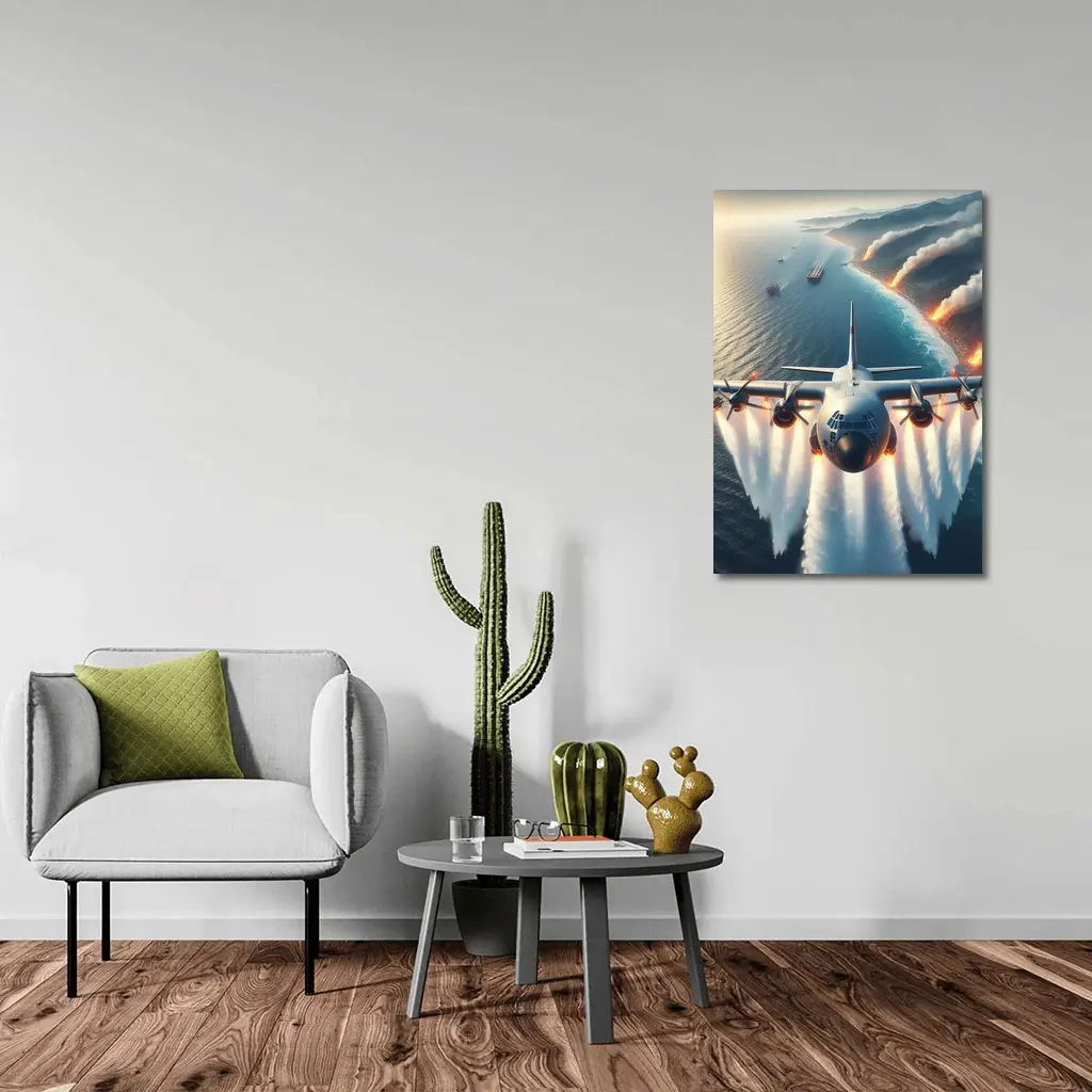 C-130 Hercules Flying Over Coastal Fires – Wall Art
