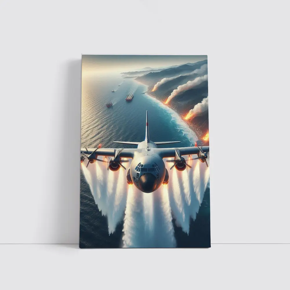 C-130 Hercules Flying Over Coastal Fires – Wall Art