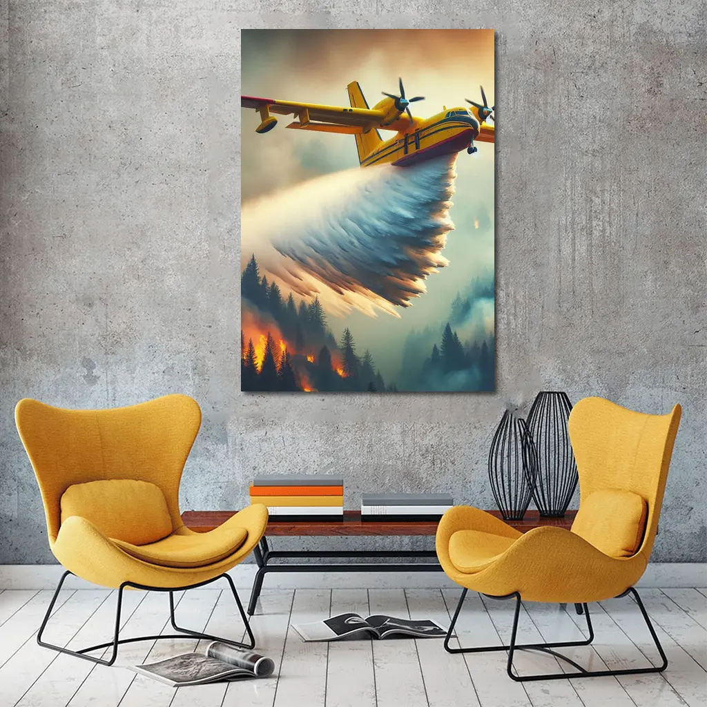 Yellow Firefighting Plane Dropping Water Over Forest Fire – Wall Art