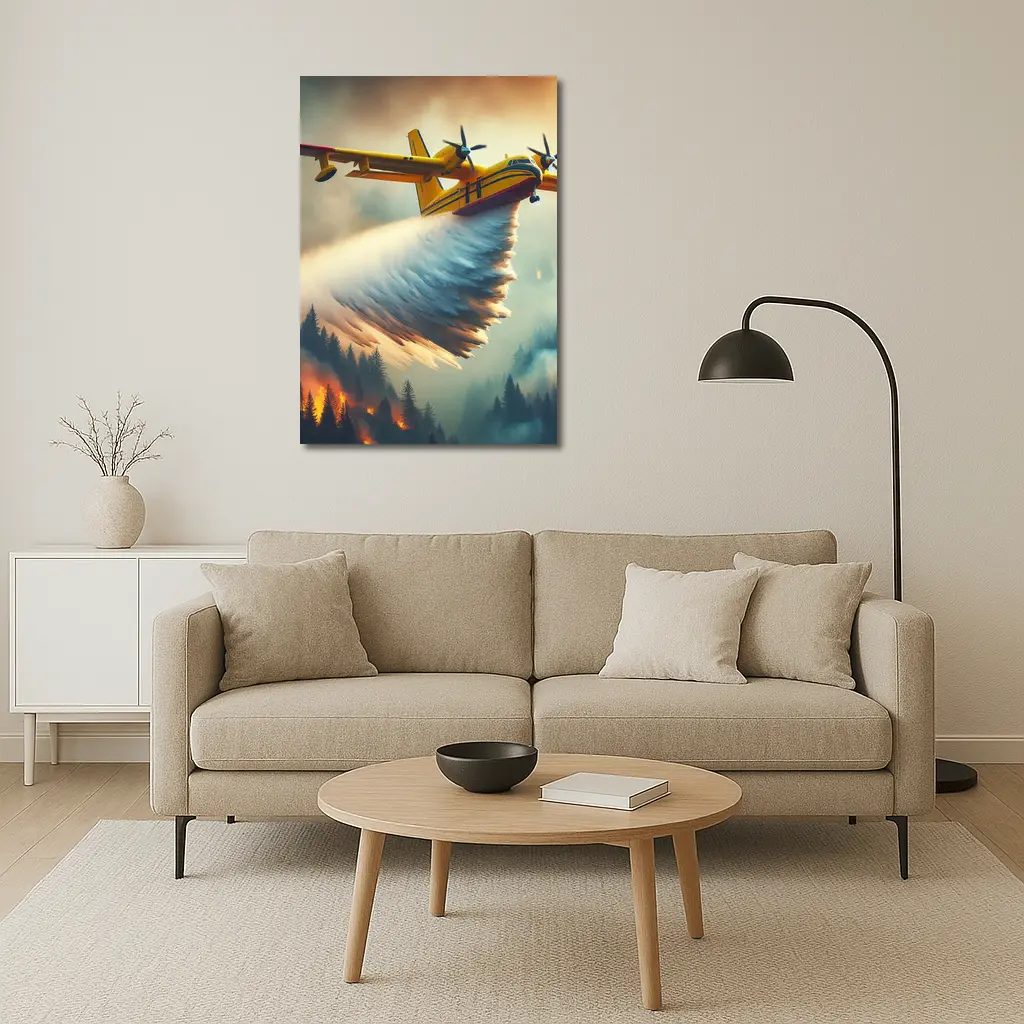 Yellow Firefighting Plane Dropping Water Over Forest Fire – Wall Art