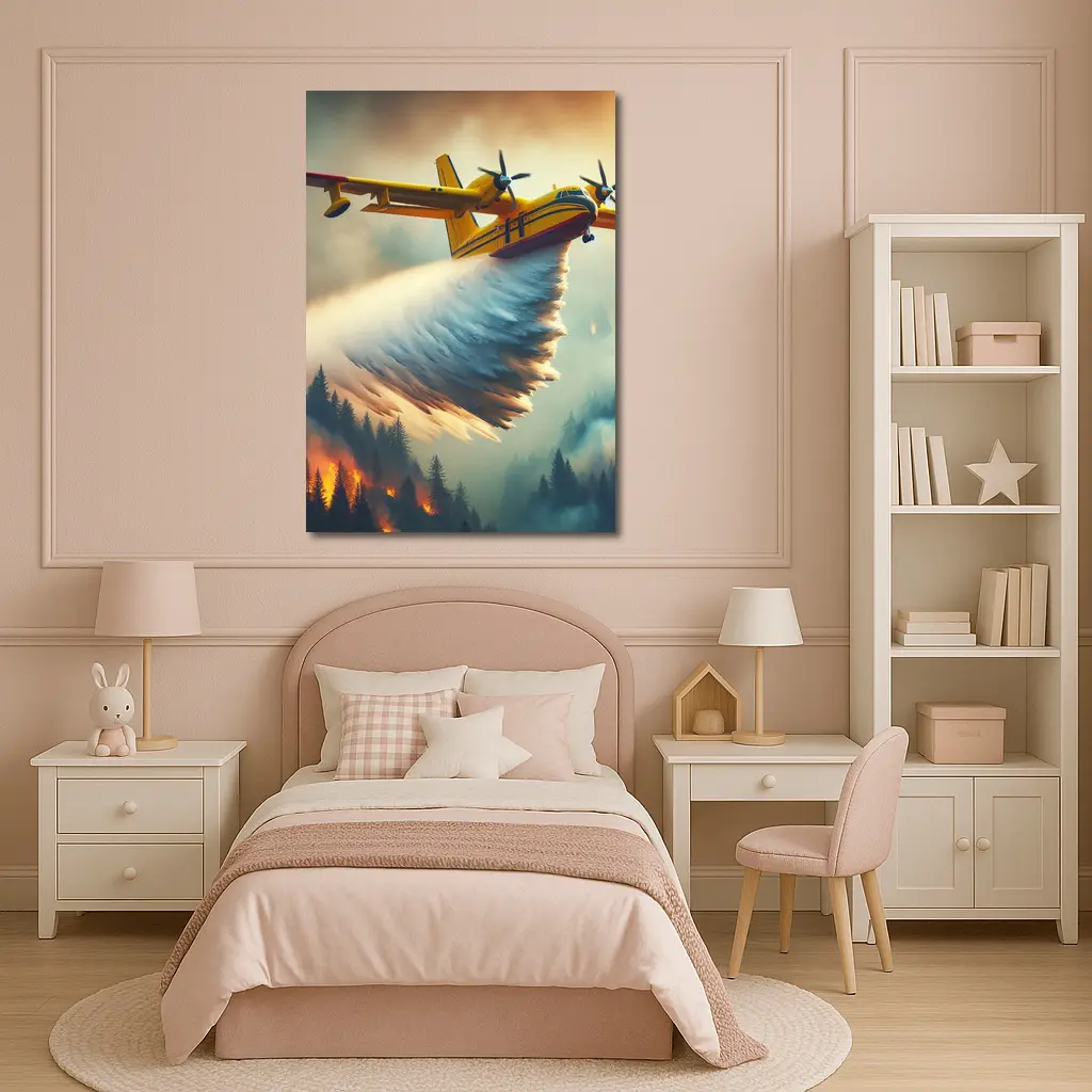 Yellow Firefighting Plane Dropping Water Over Forest Fire – Wall Art