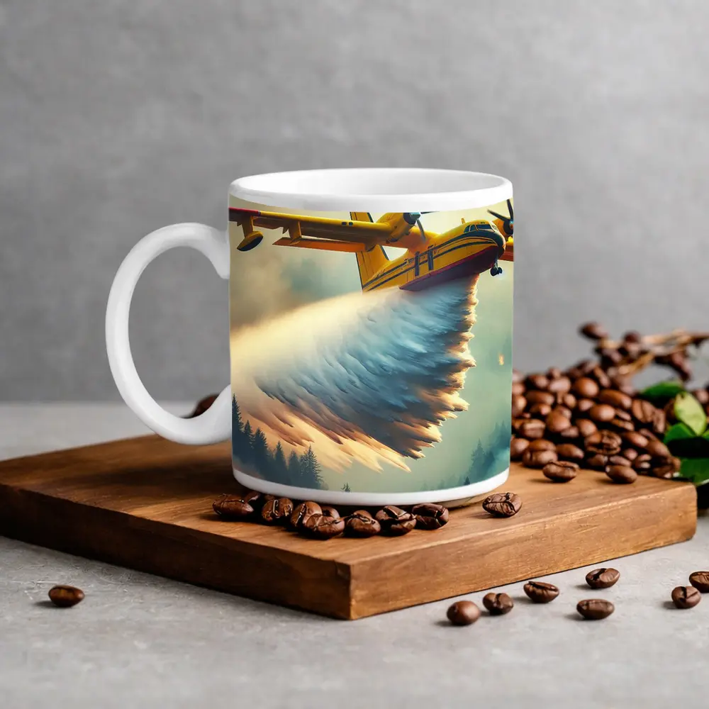 Yellow Firefighting Plane Dropping Water Over Forest Fire – Mugs