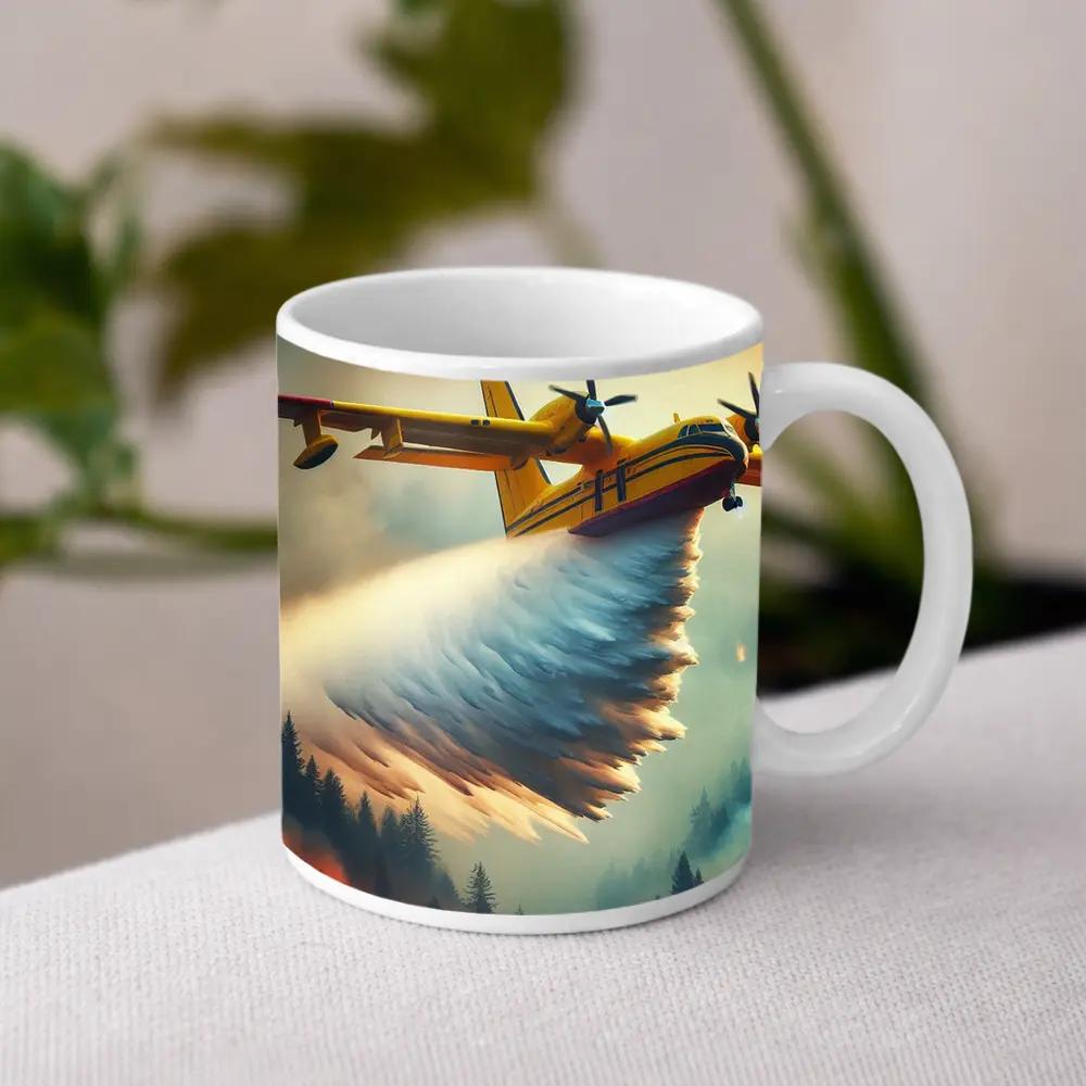 Yellow Firefighting Plane Dropping Water Over Forest Fire – Mugs
