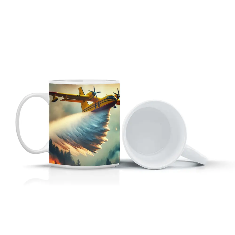 Yellow Firefighting Plane Dropping Water Over Forest Fire – Mugs