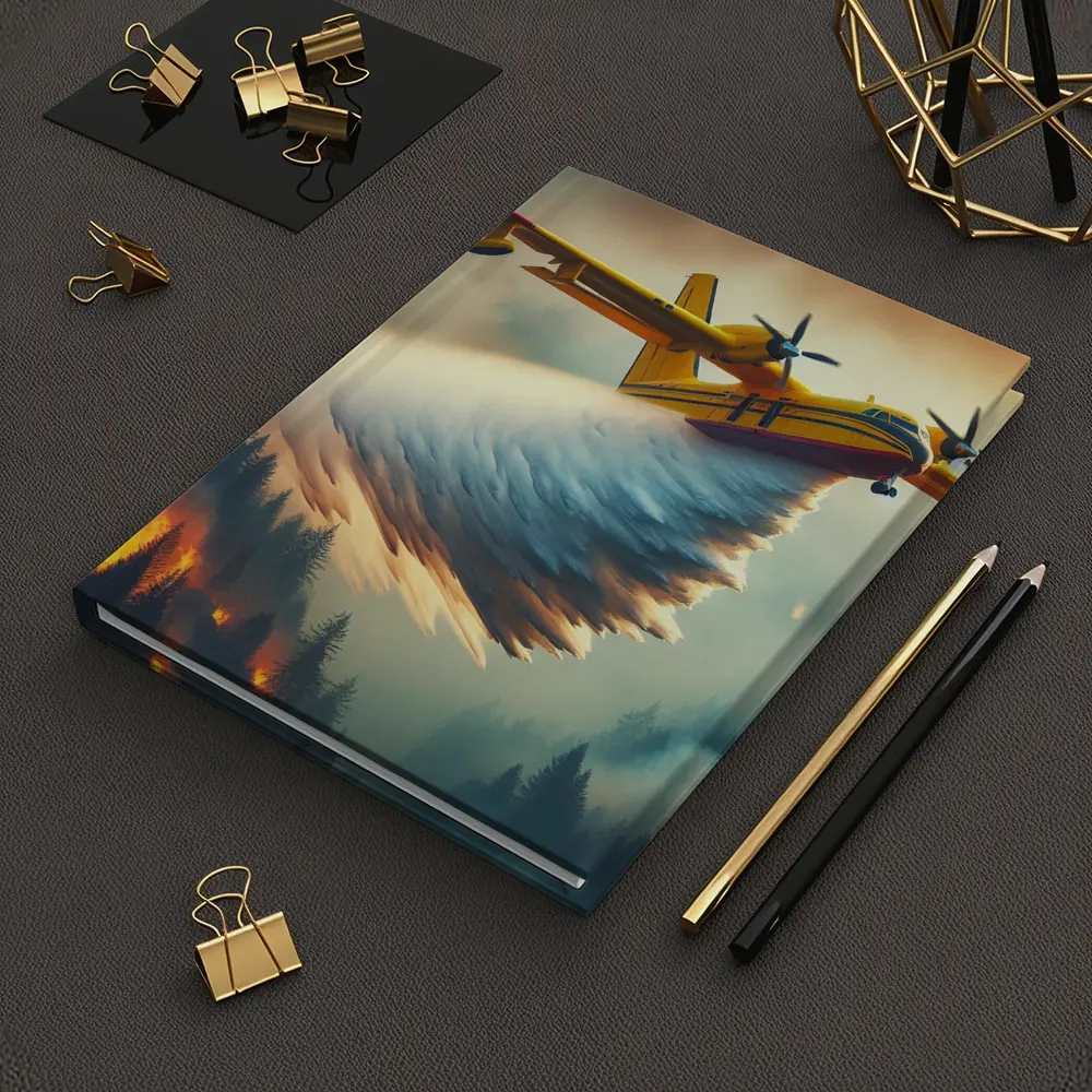 Yellow Firefighting Plane Dropping Water Over Forest Fire – Notebooks