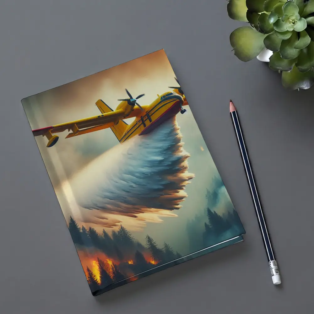 Yellow Firefighting Plane Dropping Water Over Forest Fire – Notebooks