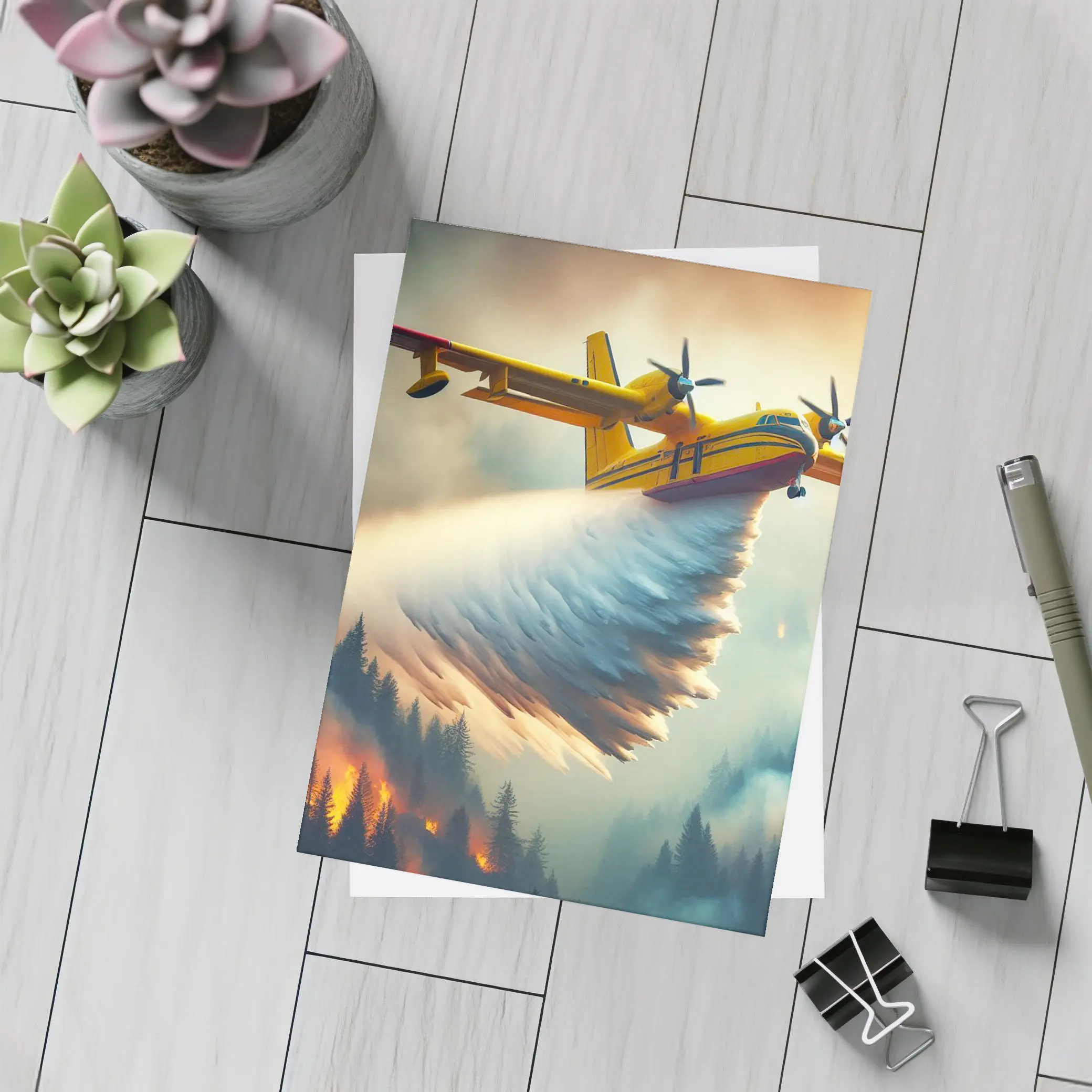 Yellow Firefighting Plane Dropping Water Over Forest Fire – Postcards