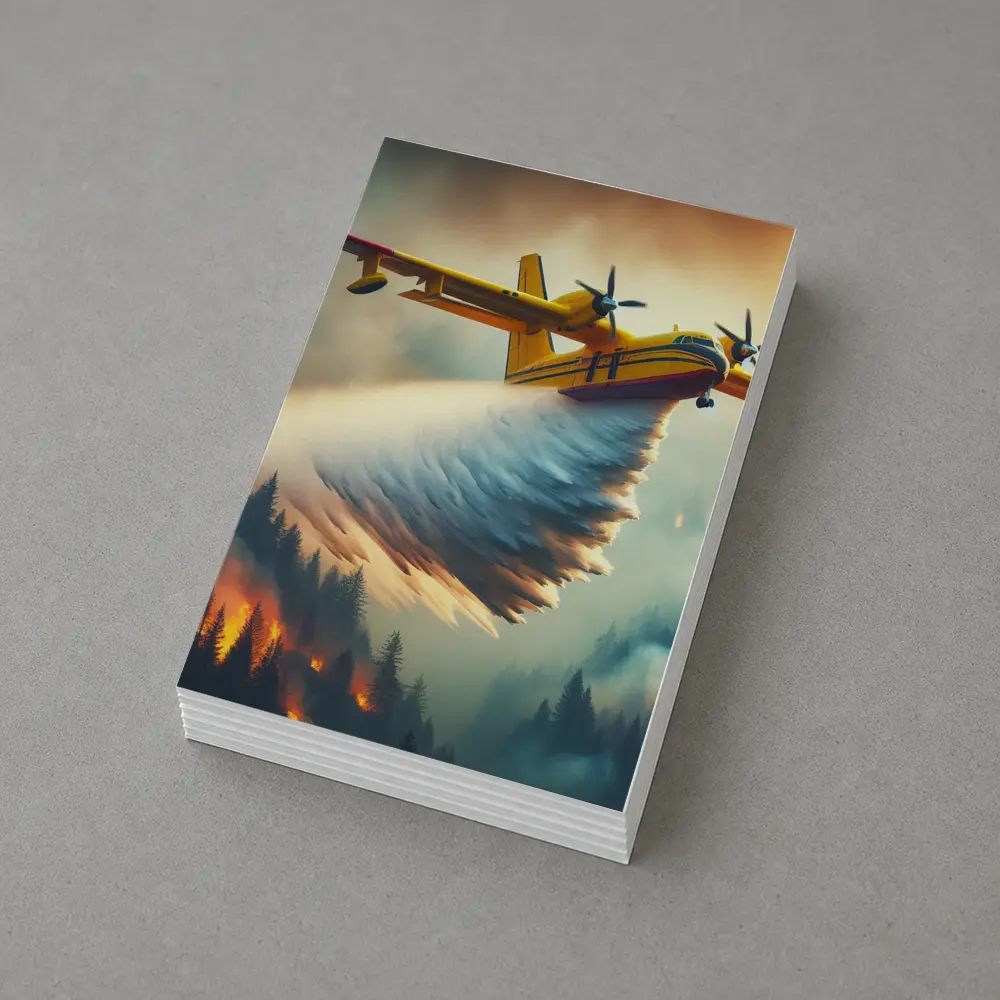 Yellow Firefighting Plane Dropping Water Over Forest Fire – Postcards