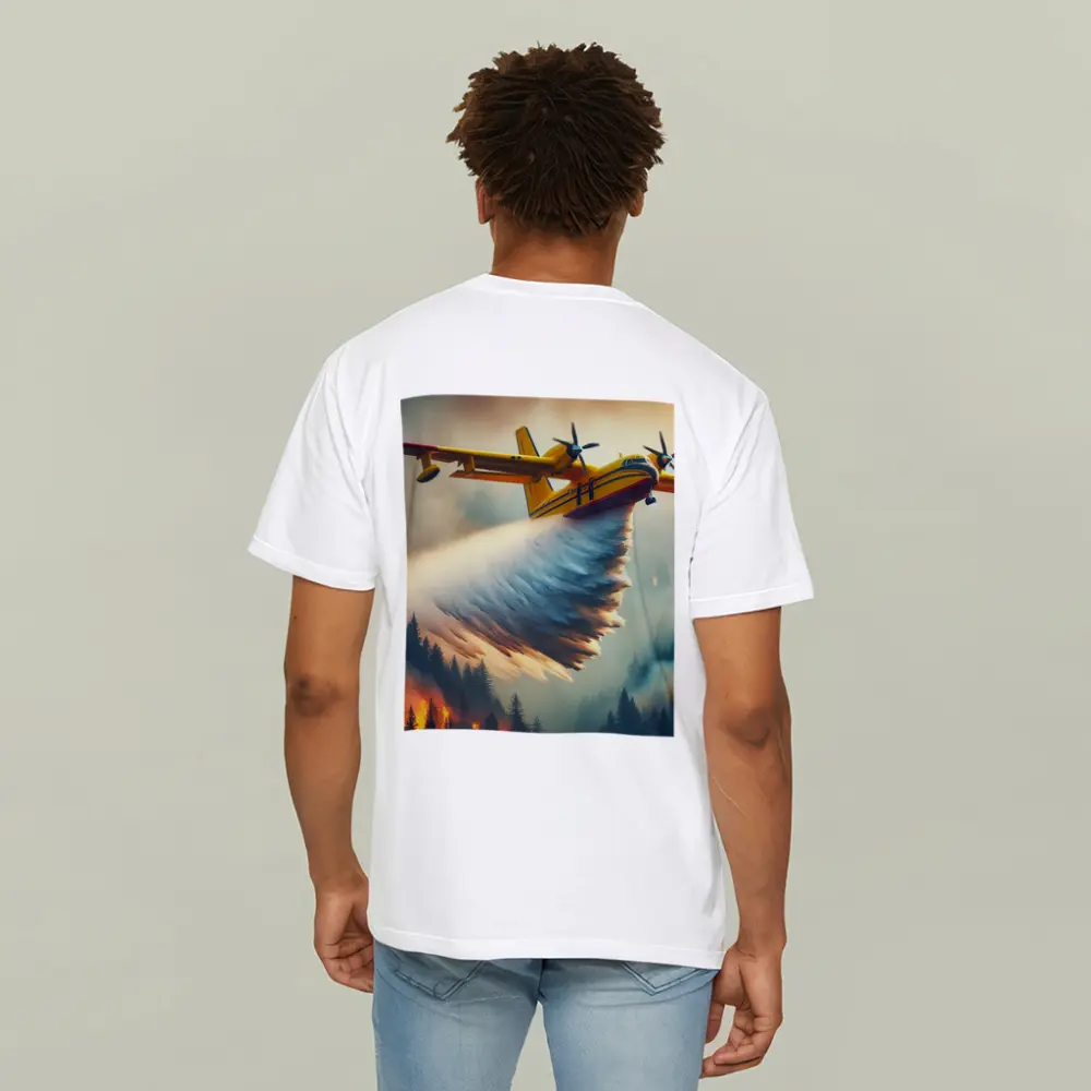 Yellow Firefighting Plane Dropping Water Over Forest Fire – T-Shirts