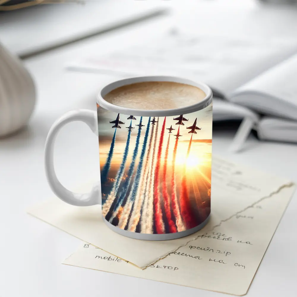 Fighter Jets Red White Blue Smoke Sky – Mugs