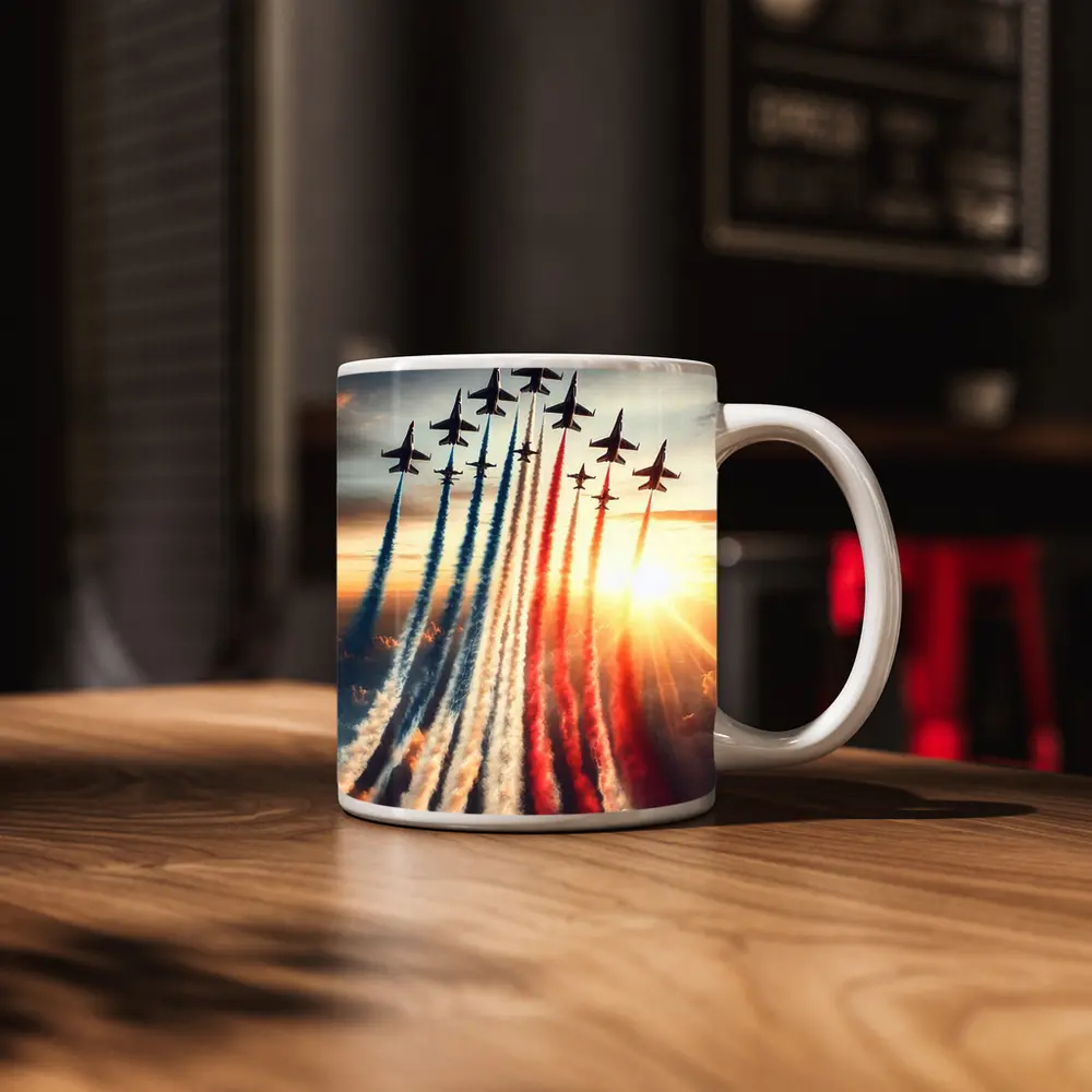 Fighter Jets Red White Blue Smoke Sky – Mugs