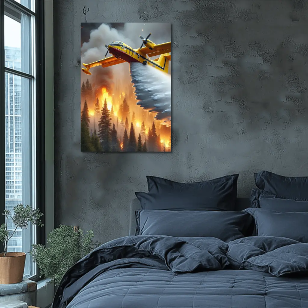 Firefighter Plane Dropping Water Over Burning Forest – Wall Art