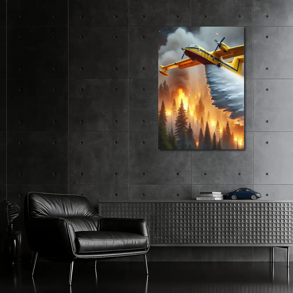 Firefighter Plane Dropping Water Over Burning Forest – Wall Art