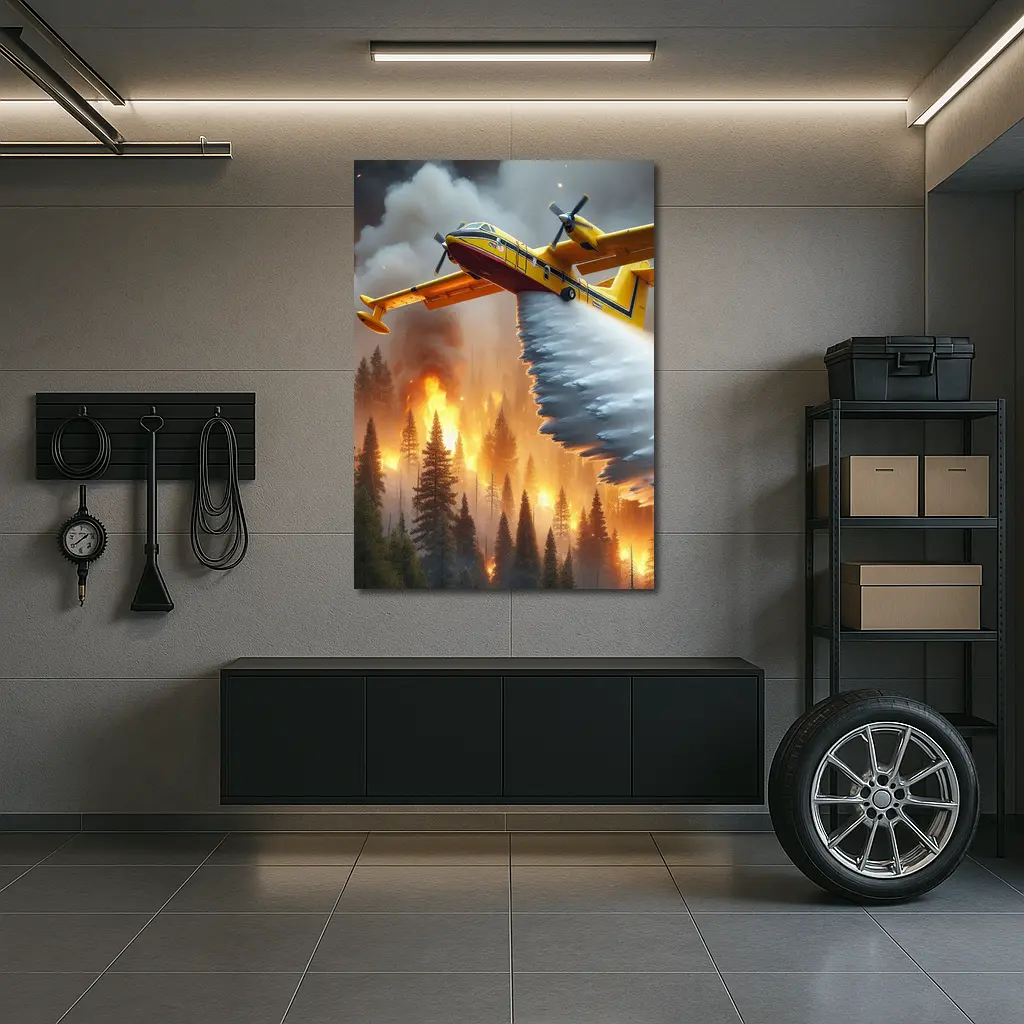 Firefighter Plane Dropping Water Over Burning Forest – Wall Art