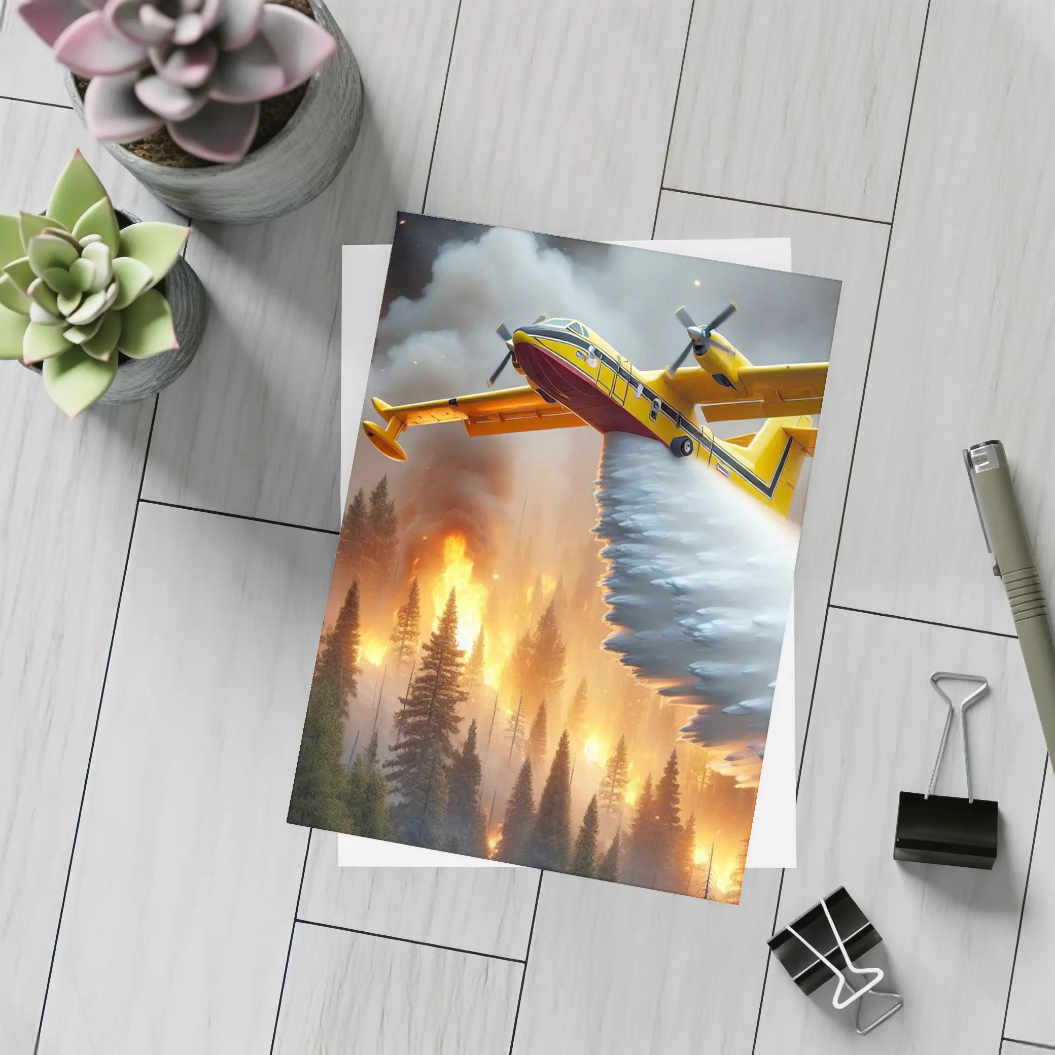 Firefighter Plane Dropping Water Over Burning Forest – Postcards