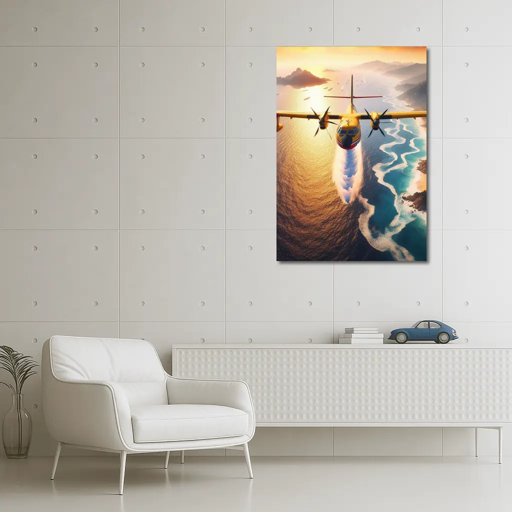Yellow Turboprop Aircraft Flying Over Coastal Waters – Wall Art