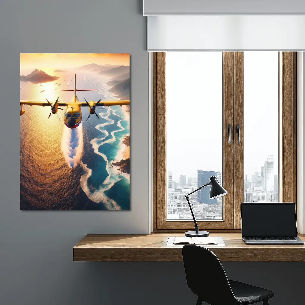 Yellow Turboprop Aircraft Flying Over Coastal Waters – Wall Art