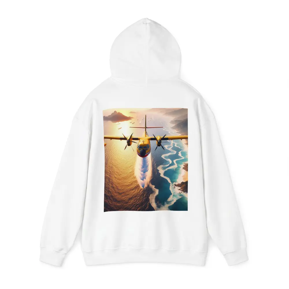 Yellow Turboprop Aircraft Flying Over Coastal Waters – Hoodies