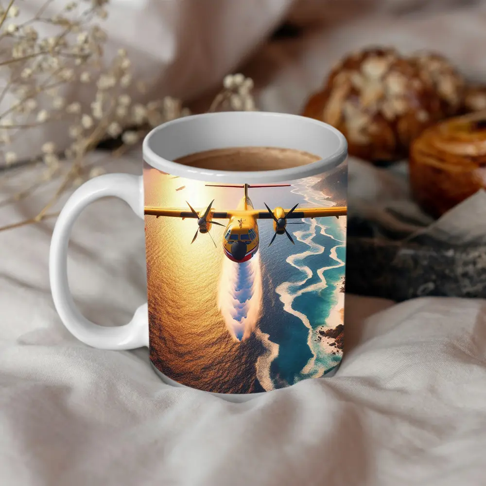 Yellow Turboprop Aircraft Flying Over Coastal Waters – Mugs