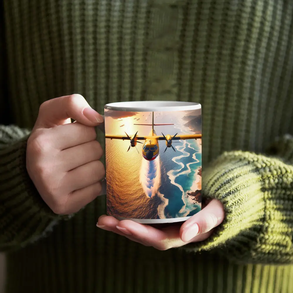 Yellow Turboprop Aircraft Flying Over Coastal Waters – Mugs