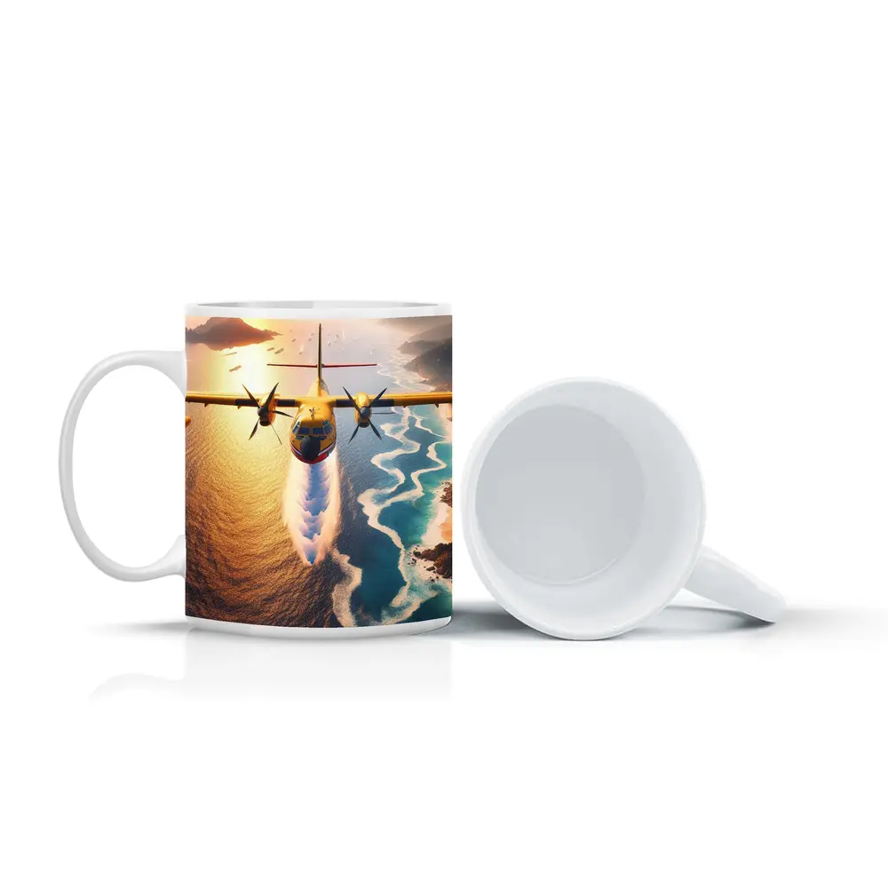 Yellow Turboprop Aircraft Flying Over Coastal Waters – Mugs