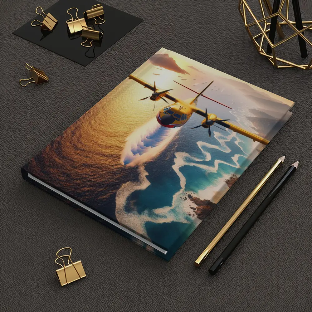 Yellow Turboprop Aircraft Flying Over Coastal Waters – Notebooks