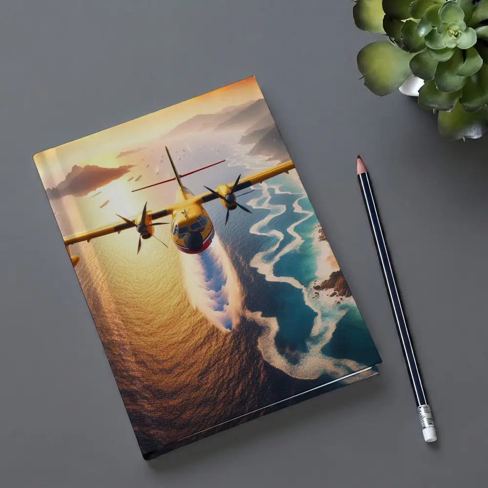 Yellow Turboprop Aircraft Flying Over Coastal Waters – Notebooks