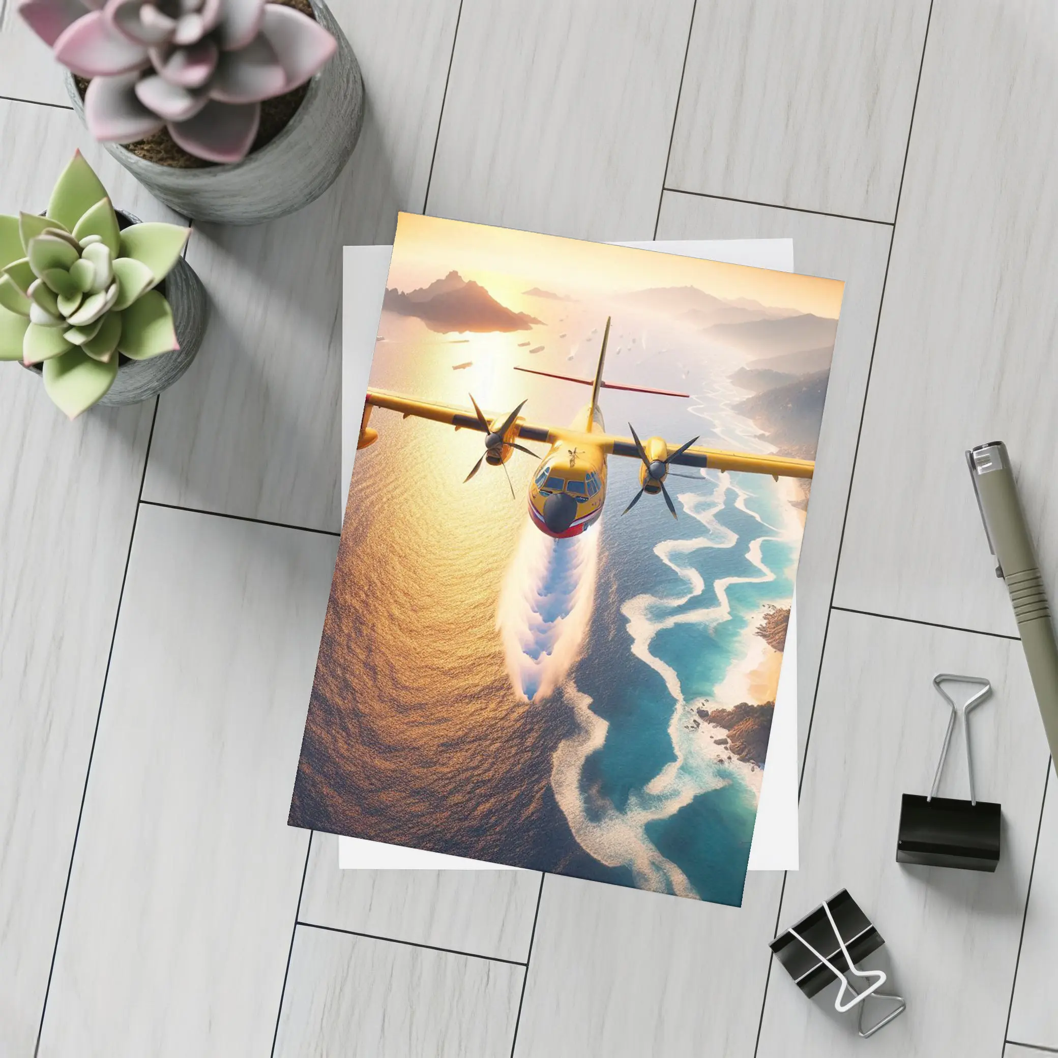 Yellow Turboprop Aircraft Flying Over Coastal Waters – Postcards