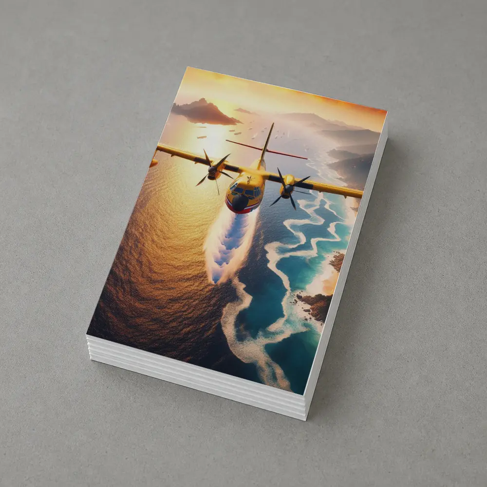 Yellow Turboprop Aircraft Flying Over Coastal Waters – Postcards