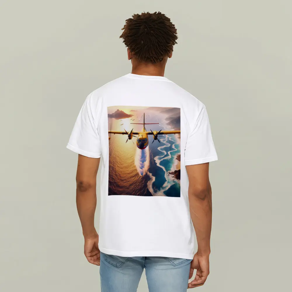 Yellow Turboprop Aircraft Flying Over Coastal Waters – T-Shirts