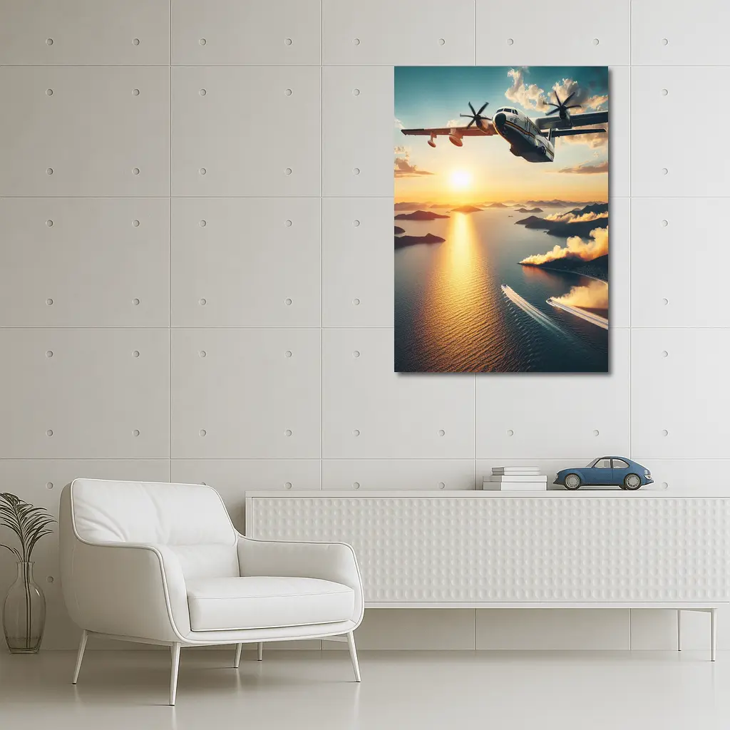 Military Turboprop Aircraft Flying Over Sunset Sea – Wall Art